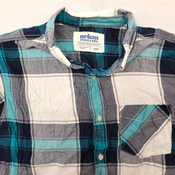 Urban Pipeline Tartan Flannel Casual Button Up Shirt Mens Size L Black White - Picture 1 of 10